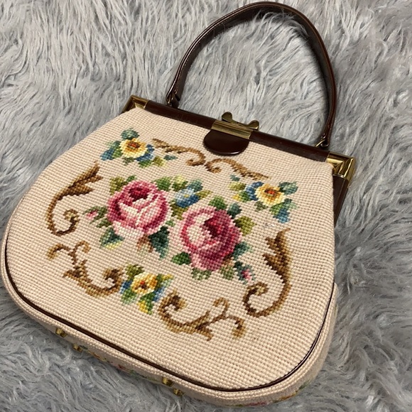 Vintage Floral Needlepoint Clutch with Brown Handle - Picture 2 of 8